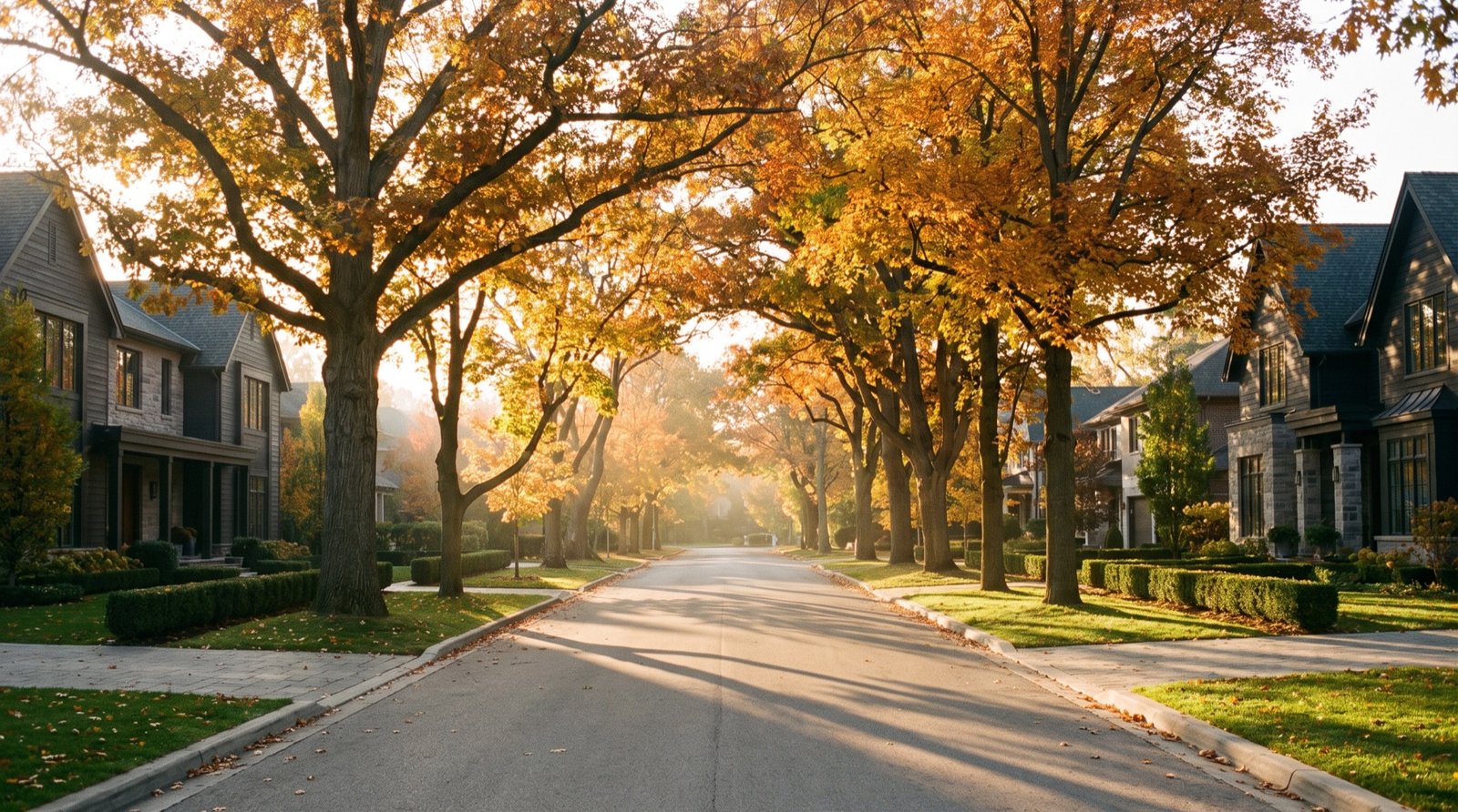 A tree lined street in golden autumn light